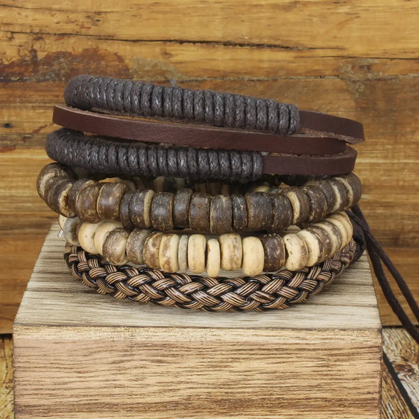 Rustic Textures Leather & Wood Unisex Bracelet